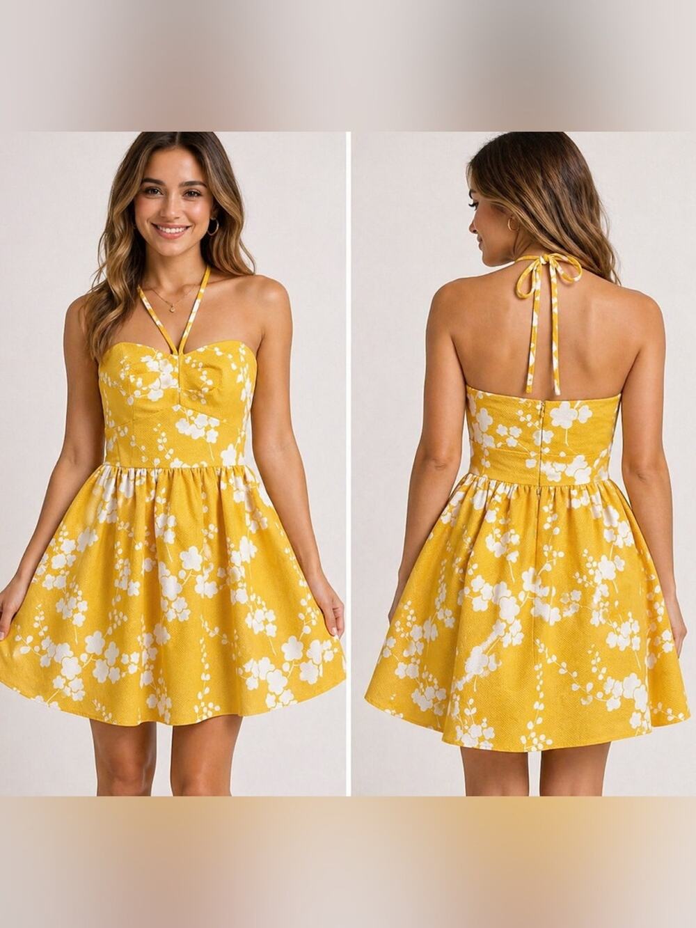 Molly New York Yellow Floral Halter Fit & Flare Dress Size 8